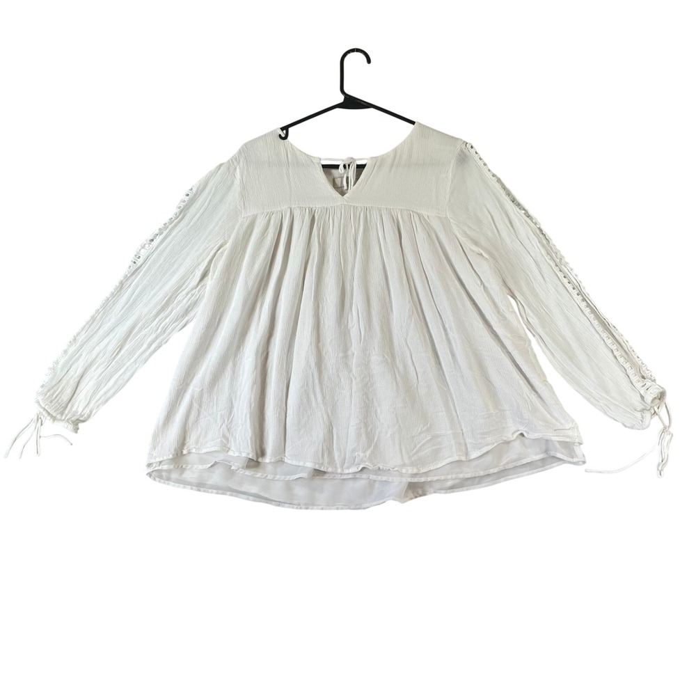 Ann Taylor Loft Blouse L White Crinkle Gauze Eyelet Lace Tie Open Sleeve Peasant
